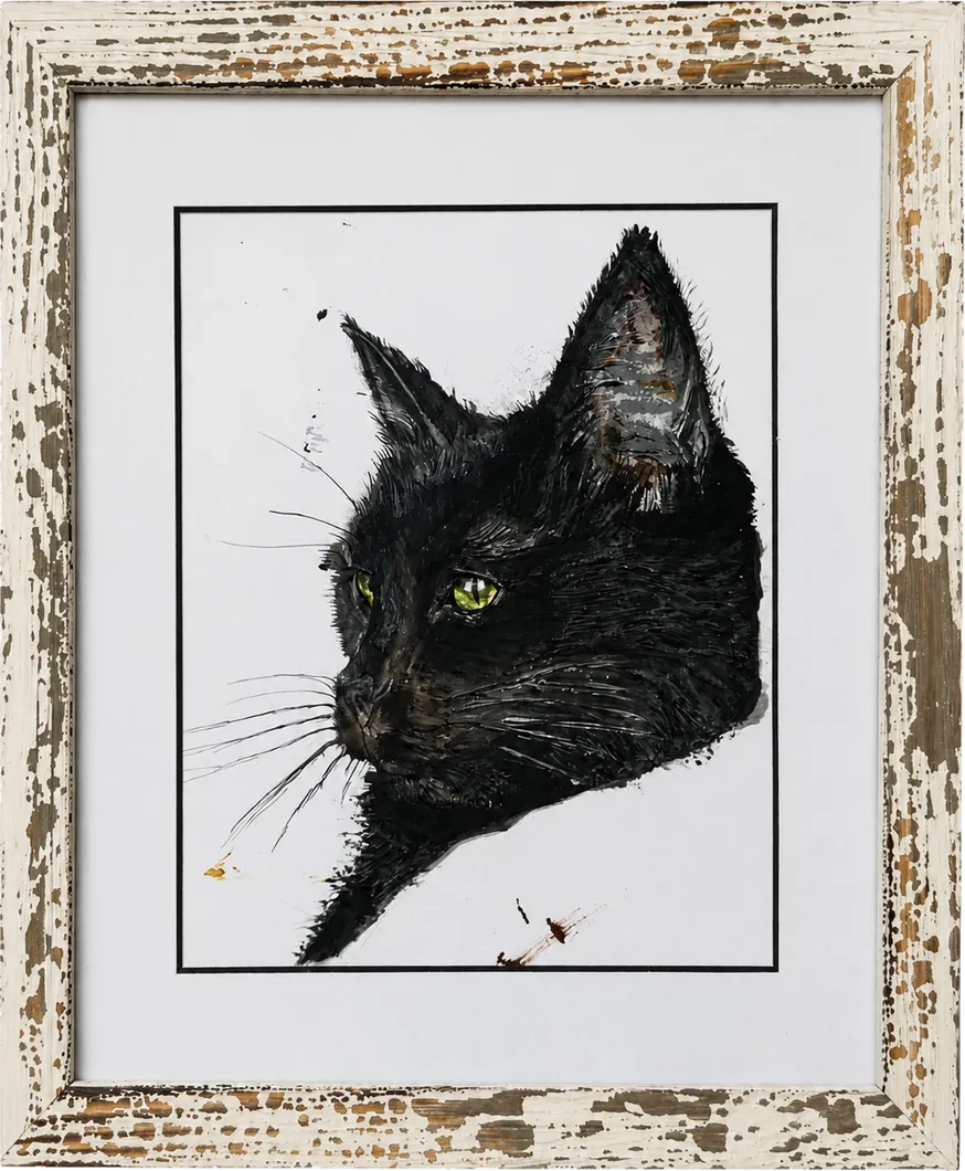 An original oil portrait of a black cat by Ceri, mounted and framed