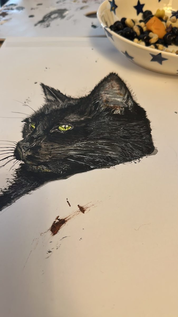 An original oil painting of a green-eyed cat by Ceri, from the cat portraits collection