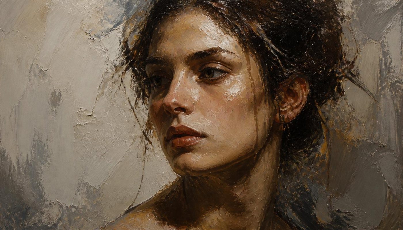 An oil portrait of a woman in loose, textured brushwork — a placeholder image, not Ceri's own work