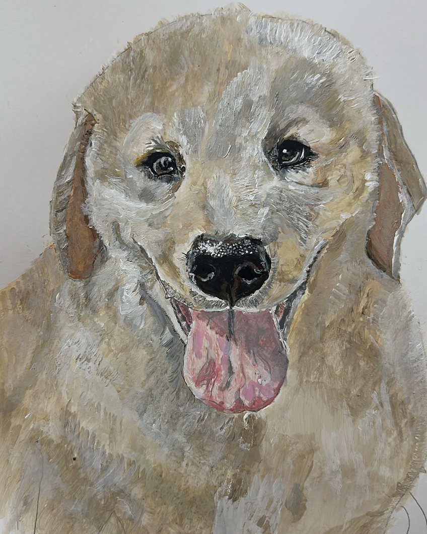 The Retriever — an original oil painting of a golden retriever with its tongue out, by Ceri